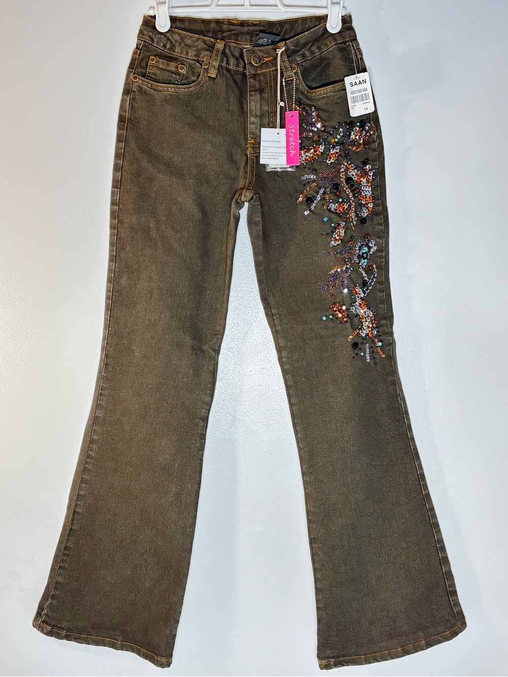 NWT Vintage Y2K Charko Girl Heavy Sequin Floral Embroidered Flare Pants 12 Youth